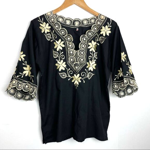 Vintage Embroidered Top Peasant Top Mexico Black Yellow Floral - Picture 1 of 7